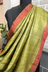 Pure Tussar Silk Parrot Green saree with orange border and pallu