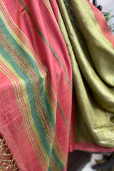 Pure Tussar Silk Parrot Green saree with orange border and pallu