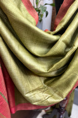 Pure Tussar Silk Parrot Green saree with orange border and pallu