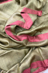 Pure Tussar Silk Parrot Green saree with orange border and pallu