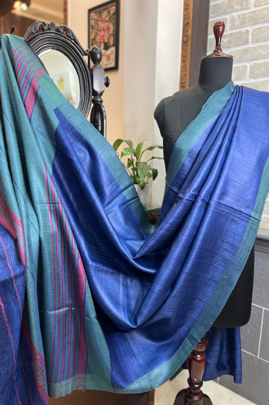 Pure Tussar silk blue saree with green pallu and border