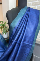 Pure Tussar silk blue saree with green pallu and border
