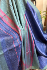 Pure Tussar silk blue saree with green pallu and border