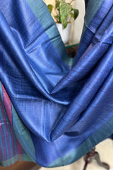 Pure Tussar silk blue saree with green pallu and border