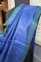 Pure Tussar silk blue saree with green pallu and border