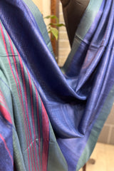 Pure Tussar silk blue saree with green pallu and border