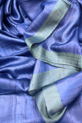 Pure Tussar silk blue saree with green pallu and border