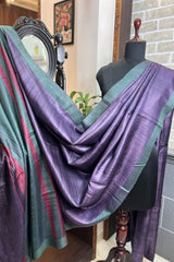 Pure tussar silk light purple saree with green pallu and border