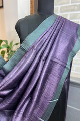 Pure tussar silk light purple saree with green pallu and border