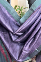 Pure tussar silk light purple saree with green pallu and border