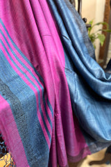 Pure Tussar silk German blue saree with with magenta pallu and deep blue border