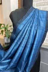 Pure Tussar silk German blue saree with with magenta pallu and deep blue border