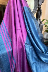 Pure Tussar silk German blue saree with with magenta pallu and deep blue border