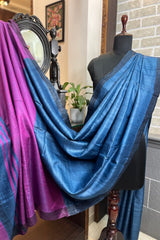 Pure Tussar silk German blue saree with with magenta pallu and deep blue border