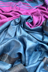 Pure Tussar silk German blue saree with with magenta pallu and deep blue border