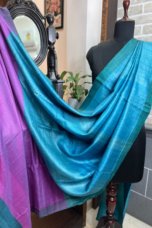 Pure Tussar silk firozi ( Chintamani) saree with green border and magenta pallu