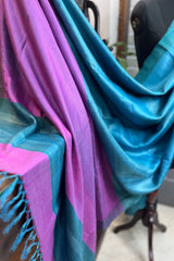 Pure Tussar silk firozi ( Chintamani) saree with green border and magenta pallu