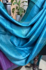 Pure Tussar silk firozi ( Chintamani) saree with green border and magenta pallu