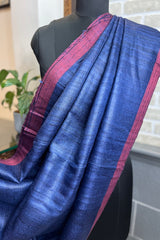 Pure Tussar silk midnight blue saree with magenta border and pallu