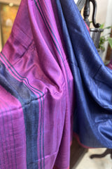 Pure Tussar silk midnight blue saree with magenta border and pallu