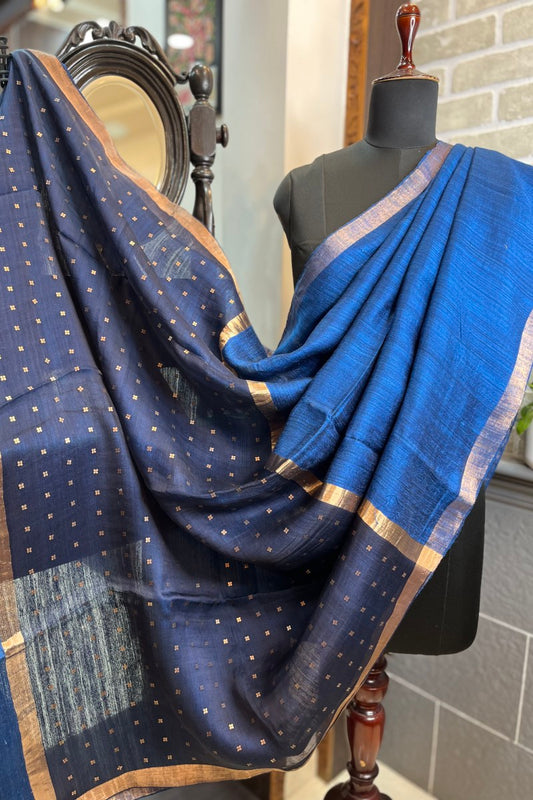 German Blue coloured Pure Matka silk saree with golden zari border and sequins pallu