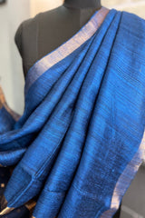 German Blue coloured Pure Matka silk saree with golden zari border and sequins pallu