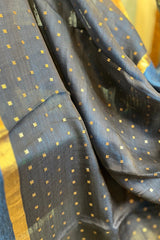 German Blue coloured Pure Matka silk saree with golden zari border and sequins pallu