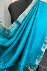 Firozi Blue ( Chintamani blue) pure matka silk saree with golden zari border and sequins pallu