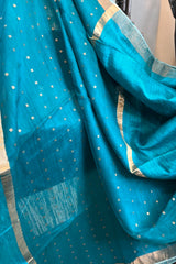 Firozi Blue ( Chintamani blue) pure matka silk saree with golden zari border and sequins pallu