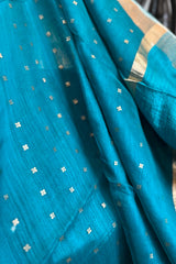 Firozi Blue ( Chintamani blue) pure matka silk saree with golden zari border and sequins pallu