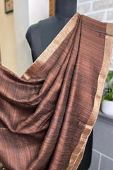 Coffee brown pure matka silk saree with golden zari border and sequins pallu