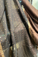 Coffee brown pure matka silk saree with golden zari border and sequins pallu