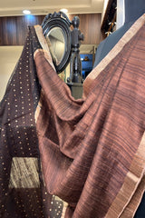 Coffee brown pure matka silk saree with golden zari border and sequins pallu