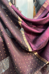 Wine coloured pure matka silk saree with golden zari border and sequins pallu