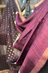 Wine coloured pure matka silk saree with golden zari border and sequins pallu