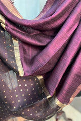 Wine coloured pure matka silk saree with golden zari border and sequins pallu