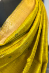 Pure Matka Silk Greenish Mustrad coloured saree with woven border , green Meenakari buttis and zari border