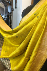 Pure Matka Silk Greenish Mustrad coloured saree with woven border , green Meenakari buttis and zari border