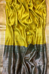 Pure Matka Silk Greenish Mustrad coloured saree with woven border , green Meenakari buttis and zari border