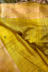 Pure Matka Silk Greenish Mustrad coloured saree with woven border , green Meenakari buttis and zari border