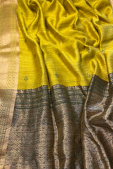 Pure Matka Silk Greenish Mustrad coloured saree with woven border , green Meenakari buttis and zari border