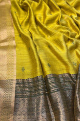 Pure Matka Silk Greenish Mustrad coloured saree with woven border , green Meenakari buttis and zari border