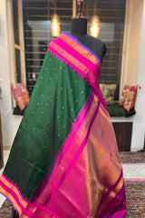 Emerald Green Pure Silk Narayanpet saree with magenta border and pallu