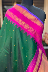 Emerald Green Pure Silk Narayanpet saree with magenta border and pallu