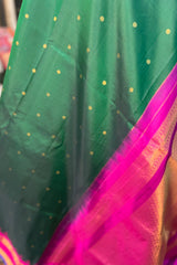 Emerald Green Pure Silk Narayanpet saree with magenta border and pallu