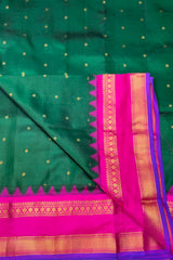 Emerald Green Pure Silk Narayanpet saree with magenta border and pallu