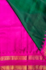 Emerald Green Pure Silk Narayanpet saree with magenta border and pallu