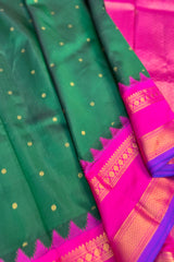 Emerald Green Pure Silk Narayanpet saree with magenta border and pallu