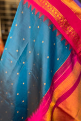 German Blue Pure Silk Narayanpet Saree with Magenta Border and Pallu.