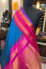 German Blue Pure Silk Narayanpet Saree with Magenta Border and Pallu.